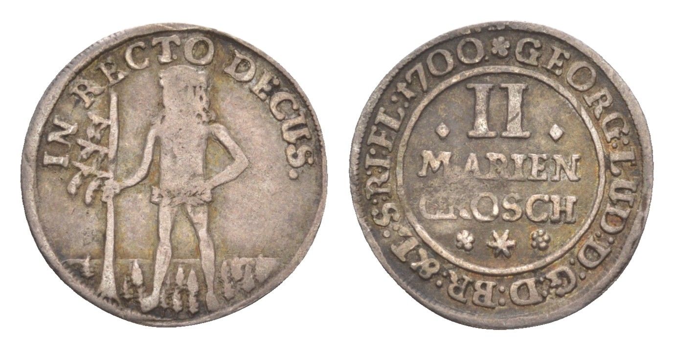 Брауншвейг-Каленберг-Ганновер 2 мариенгроша 1700 дикарь, Георг I (1698-1727), из коллекции Ричарда Б. Смита Welter 2202, KM 6 серебро 1525-723