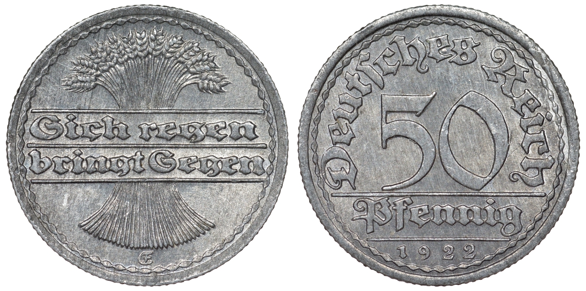 Германия 50 пфеннигов 1922 E KM 27, J. 301, Weege 10 алюминий 4121-1143
