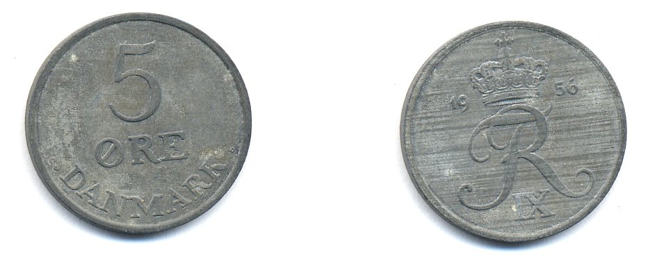 ДАНИЯ 5 ЭРЕ 1956 C; S, ФРЕДЕРИК IX (1947-1972) KM 843.2 цинк 23-224