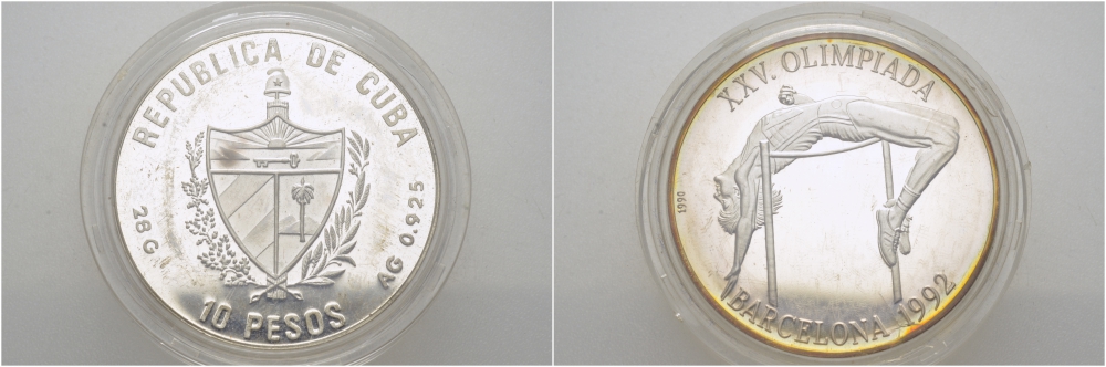 Куба 10 песо 1990 XXV летние Олимпийские игры 1992 года в Барселоне, прыжки в высоту KM 345 серебро PROOF 1077-10-61
