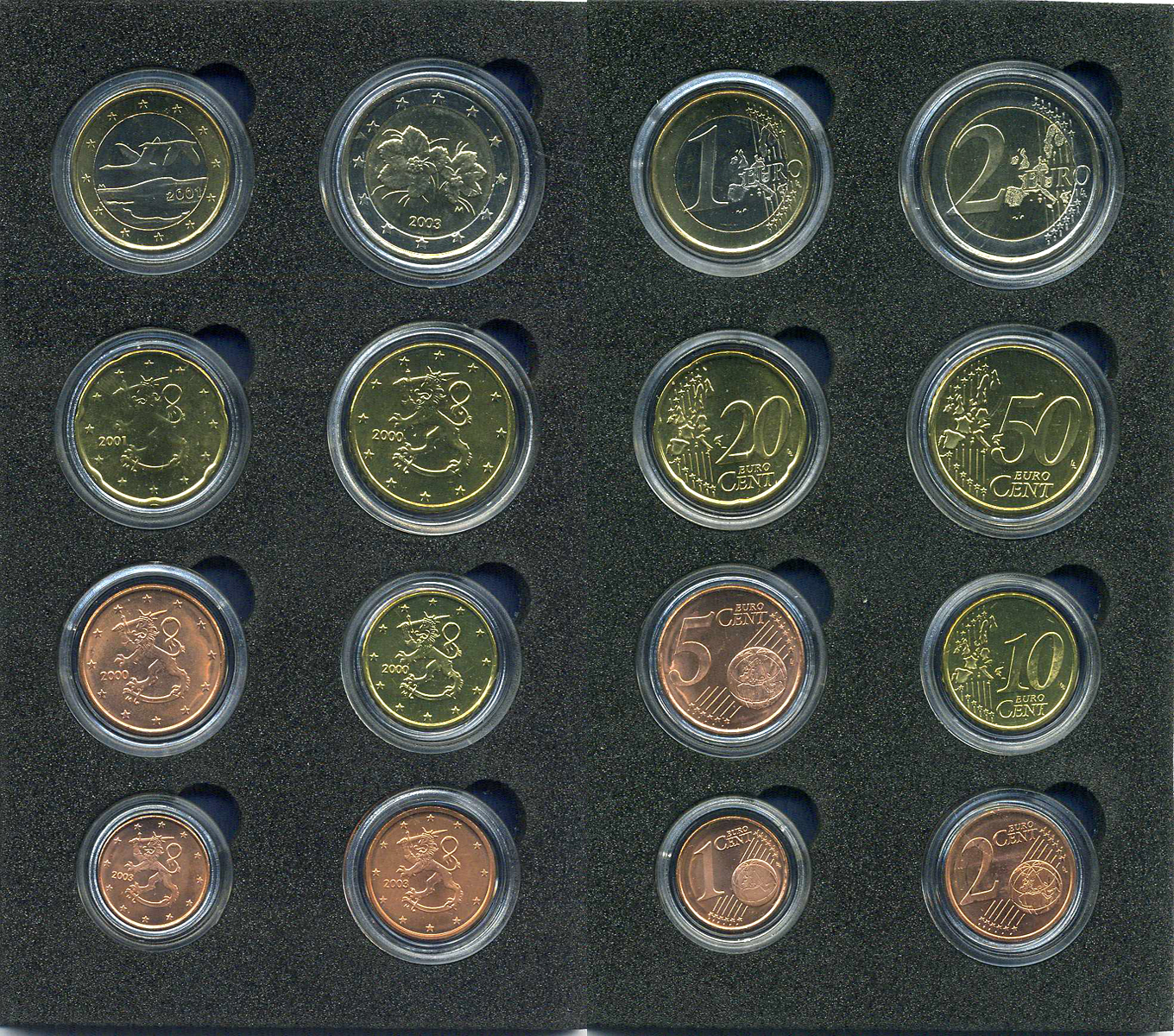 Финляндия евронабор из 8 монет 2000-2003 1 евроцент - 2 евро, в картонном буклете, монеты в капсулах с сертификатом UNC 1-6-4-44