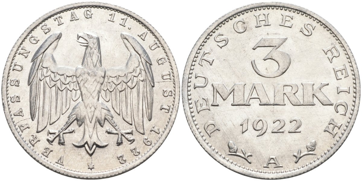 Германия 3 марки 1922 A, третья годовщина Веймарской Конституции KM 29, J.303 алюминий UNC 4587-244