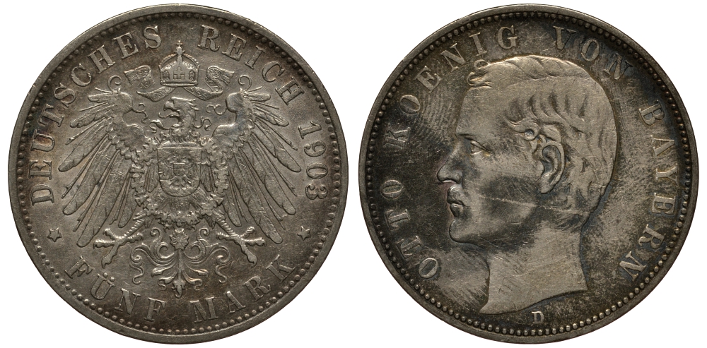 Бавария 5 марок 1903 Отто (1886-1913) Weege 47, J. 46, KM 512 серебро 3711-1511