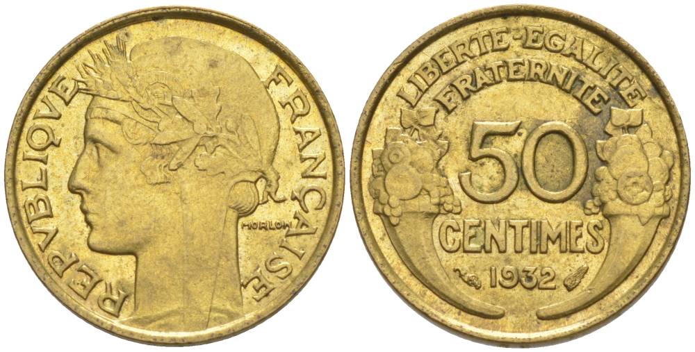 ФРАНЦИЯ 50 САНТИМОВ 1932 ТИП MORLON, OPEN 9, С ЯГОДОЙ KM 894.1, LE FRANC 192.7 алюминиевая бронза 44-716