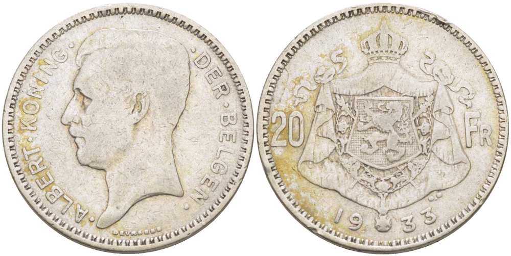 Бельгия 20 франков 1933 Альберт I (1909-1934), BELGEN KM 104.1 серебро 4512-1041