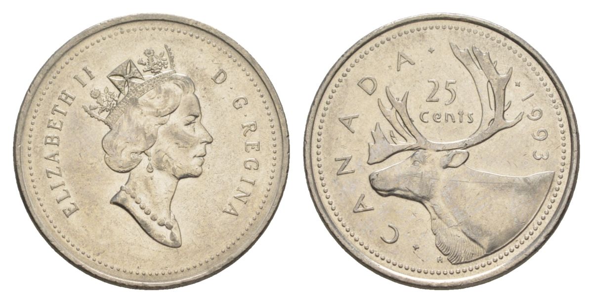 Канада 25 центов 1993 Елизавета II (1952-2022), олень KM 184 никель 4631-643