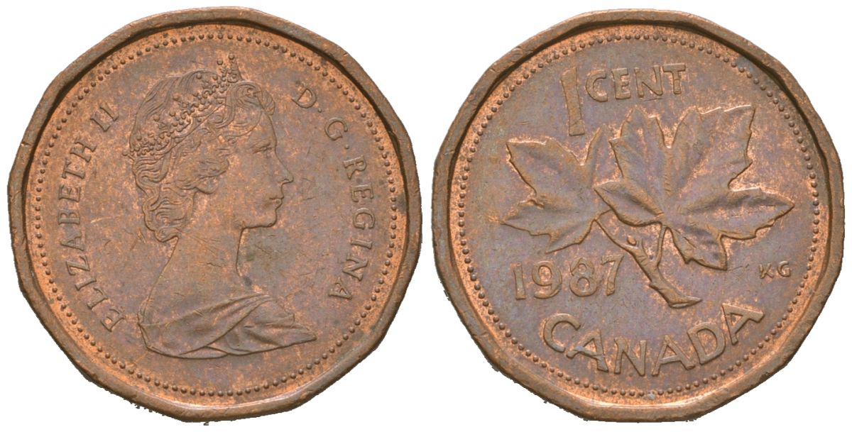 Канада 1 цент 1987 Елизавета II (1952-2022), кленовый лист KM 132 бронза 4621-523