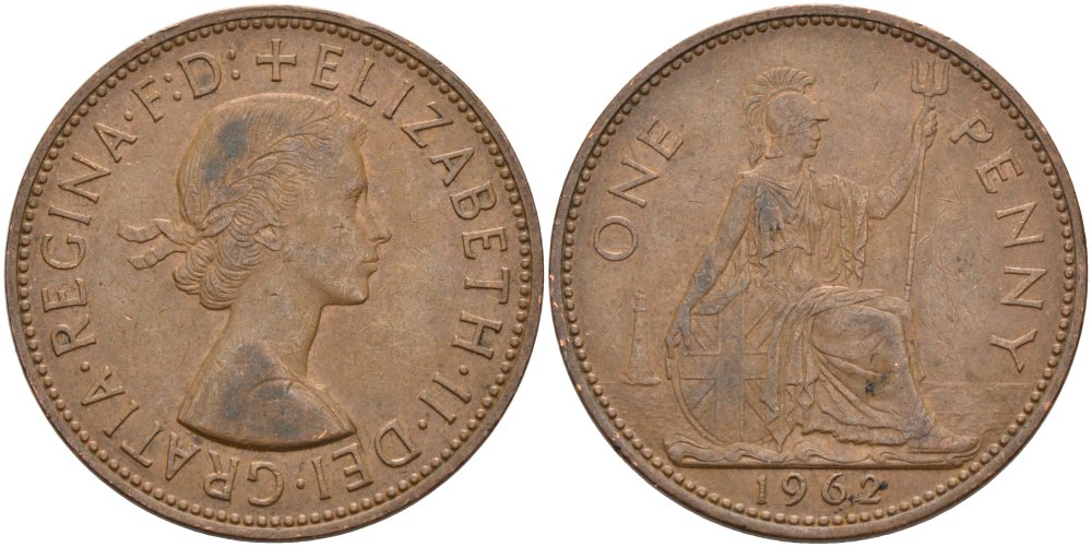 Великобритания 1 пенни 1962 Елизавета II (1952-2022) KM 897, Spink 4157 бронза 4574-214