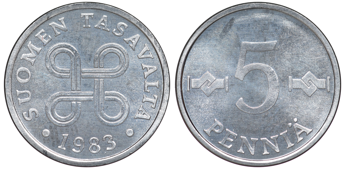 ФИНЛЯНДИЯ 5 ПЕННИ 1983 KM 45а алюминий UNC 3334-1068