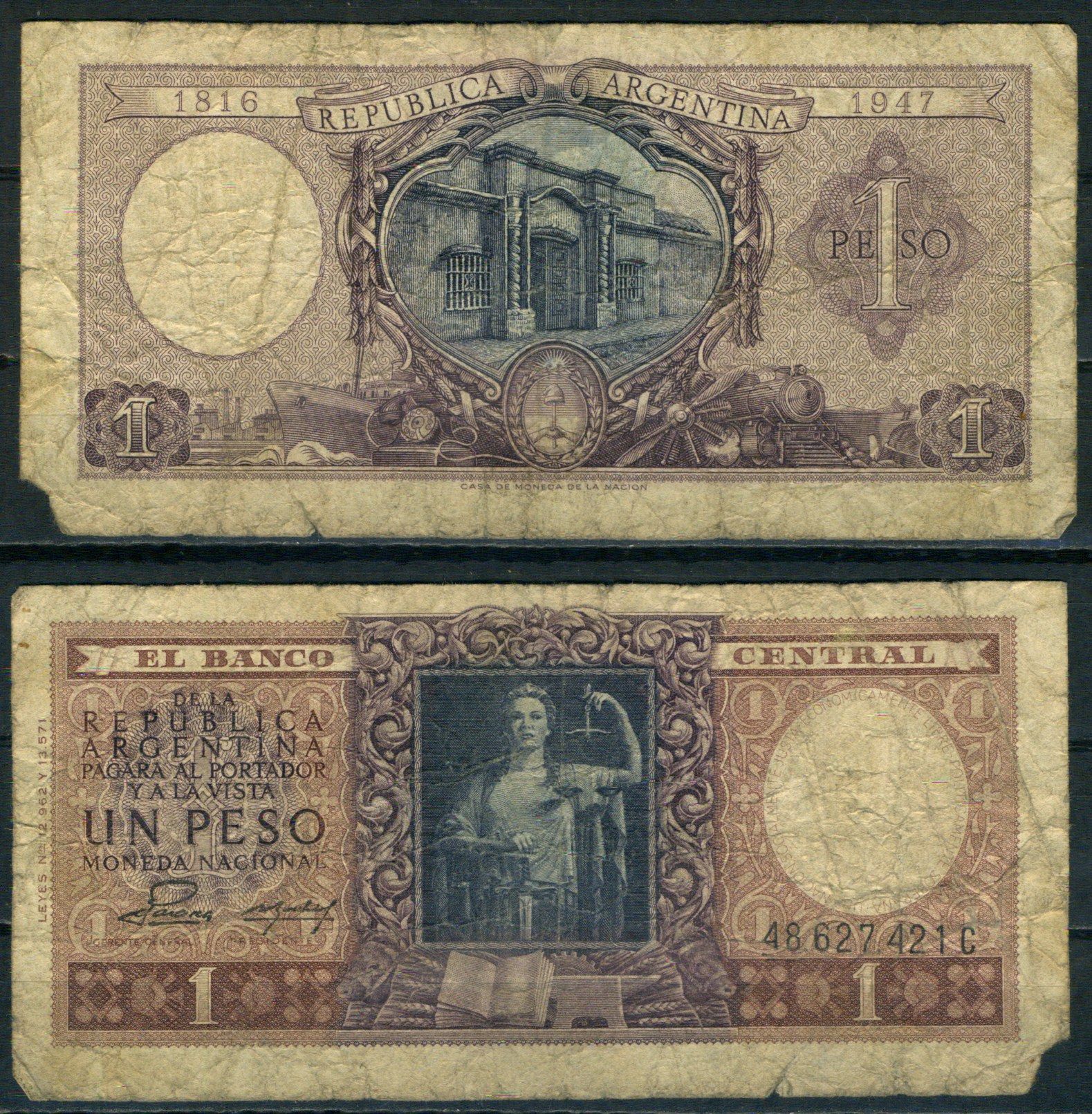 Аргентина 1 песо 1952 Pick 260 b бумага 8621-21-1-2