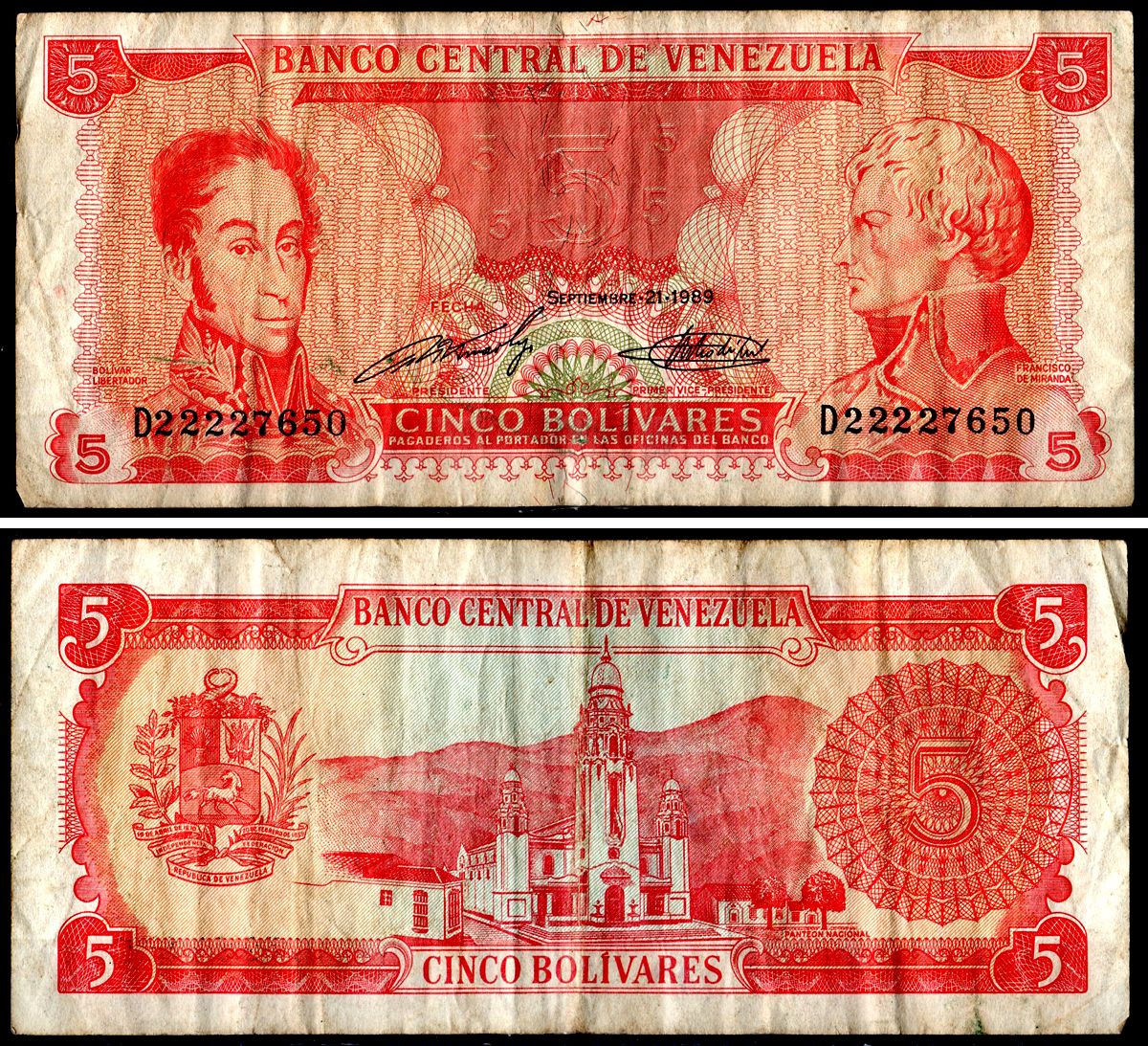 Венесуэла 5 боливаров 1989 Pick 70b бумага 3295-24-1-2