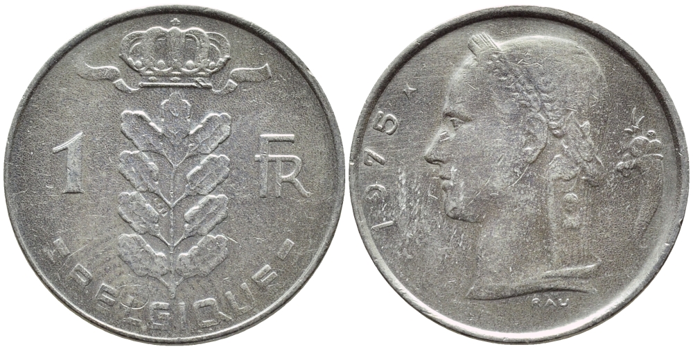 БЕЛЬГИЯ 1 ФРАНК 1975 BELGIQUE KM 142.1 медно-никель 4379-222