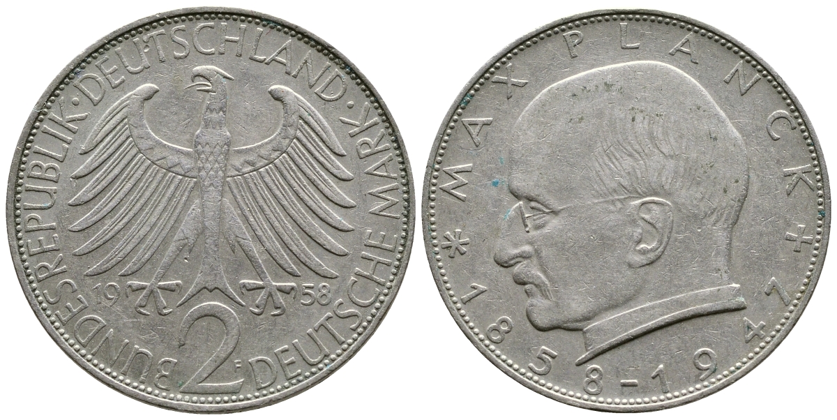 ФРГ 2 марки 1958 F, Макс Планк KM 116, J. 392 медно-никель плакированный никелем 4364-1926