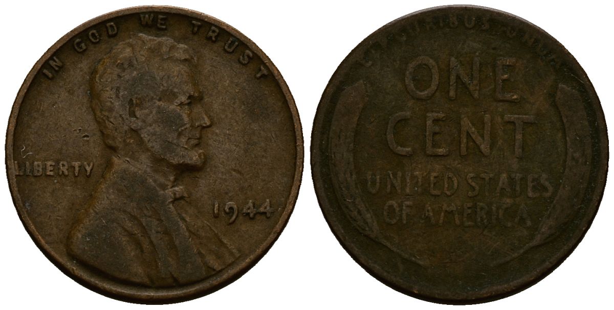 США 1 цент 1944 Линкольн KM A132 медь цинк 4164-829