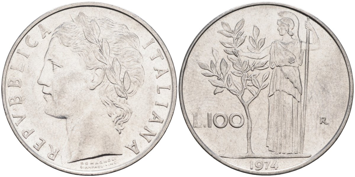 Италия 100 лир 1974 R, Афина в доспехах KM 96.1 нержавеющая сталь 88-113