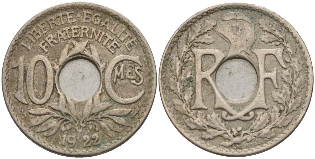 Франция 10 сантимов 1922 KM 866a, Le Franc 138.3 медно-никель 4143-914