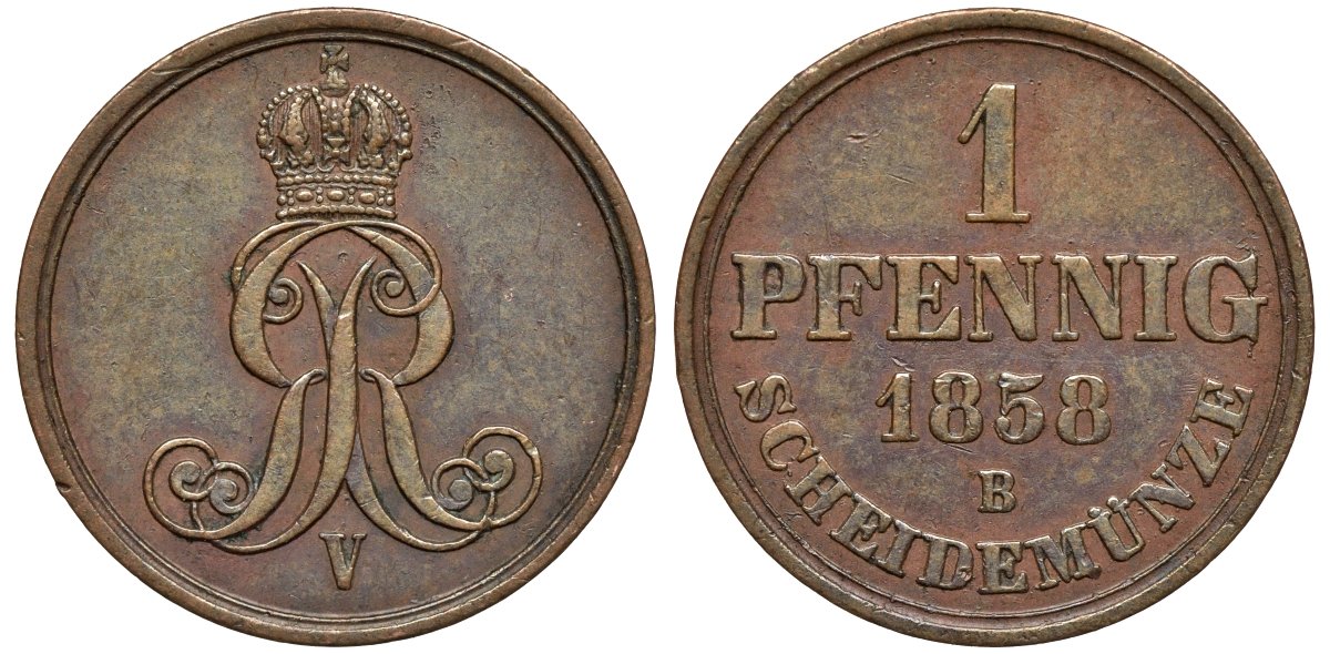 Ганновер 1 пфенниг 1858 B, Георг V KM 233, AKS 156, J. 90 медь 4594-161