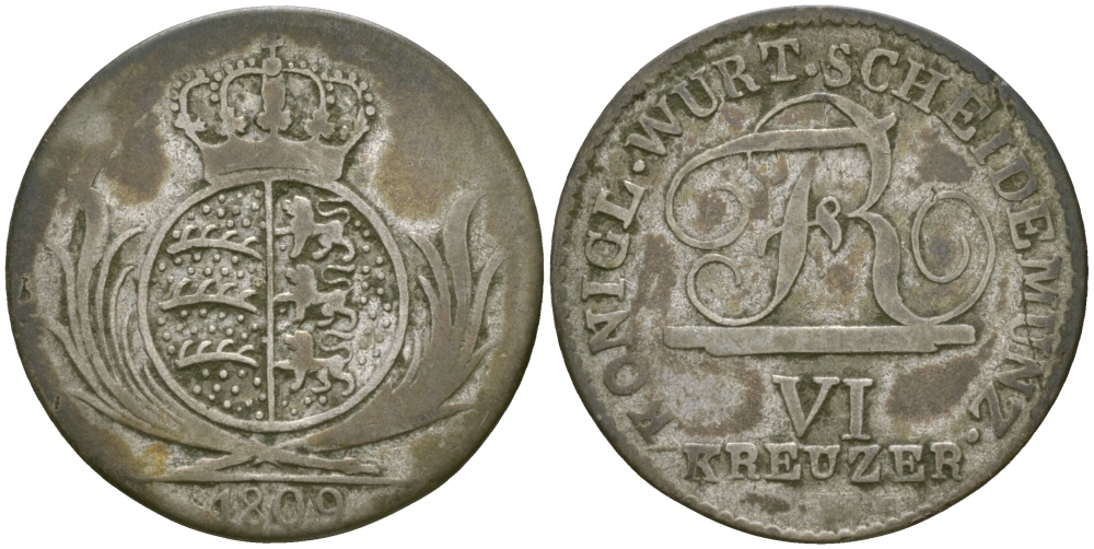 Вюртемберг 6 крейцеров 1809 Фридрих I (1806-1816) KM 495 серебро 99-826
