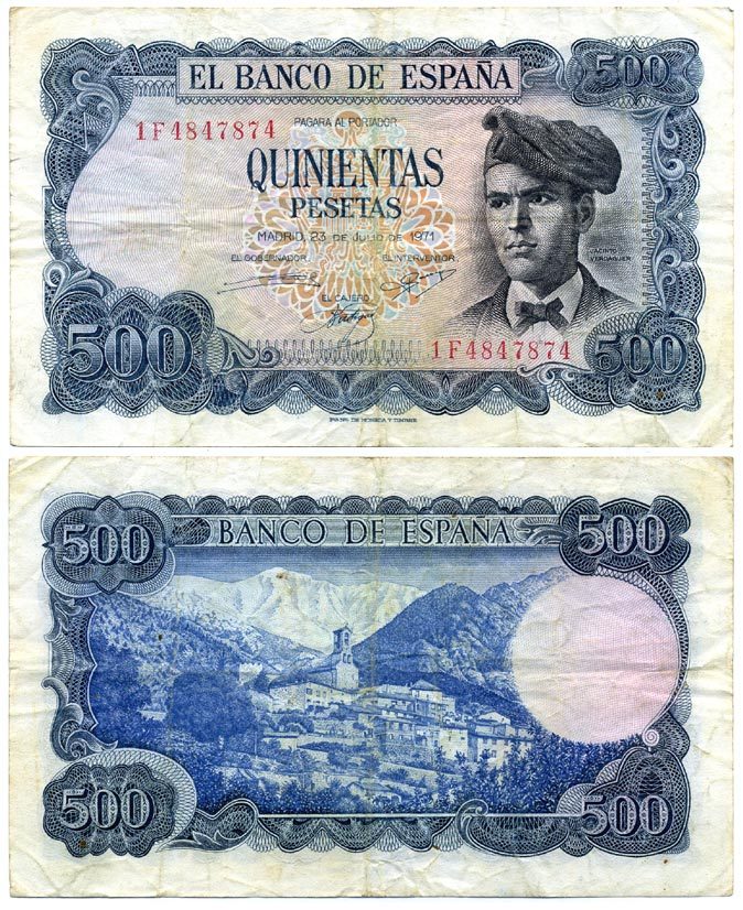 ИСПАНИЯ 500 ПЕСЕТ 1973 23 ИЮЛЯ 1971, ЖАСИНТ ВЕРДАГЕР Pick 153a бумага 8592-9-3-1