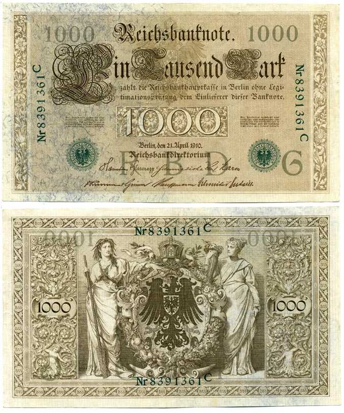 ГЕРМАНИЯ 1000 МАРОК 1910 21 АПРЕЛЯ 1910, ЗЕЛЁНАЯ ПЕЧАТЬ, СЕМИЗНАЧНЫЙ НОМЕР Pick 45b бумага 7198-30-2-1