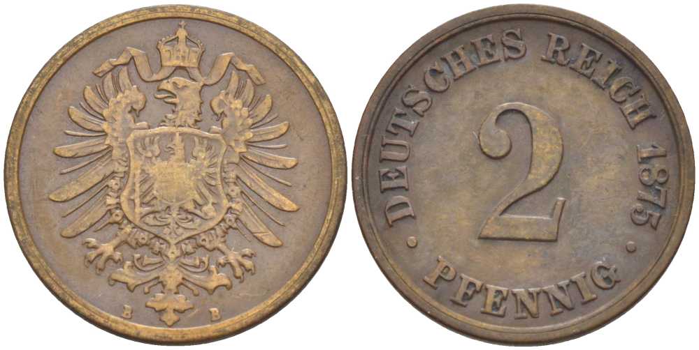 ГЕРМАНИЯ 2 ПФЕННИГА 1875 B, СТАРОГЕРБОВКА KM 2, J. 2, Weege 3 медь 212-546