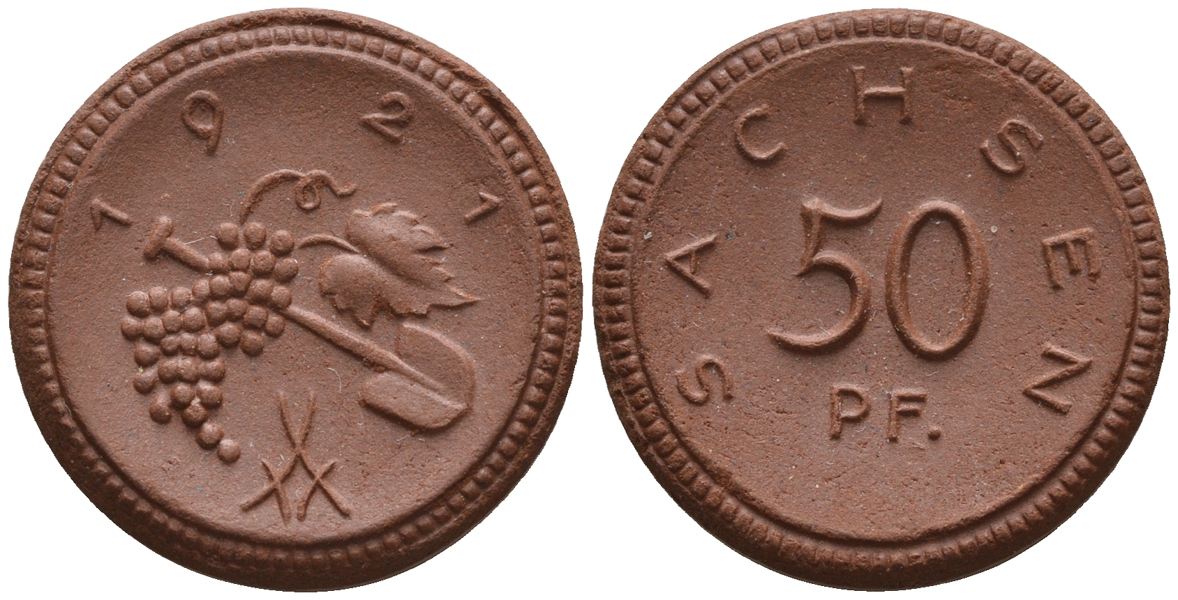 Саксония 50 пфеннигов 1921 виноград и лопата J. N 54 фарфор UNC 1094-8-55