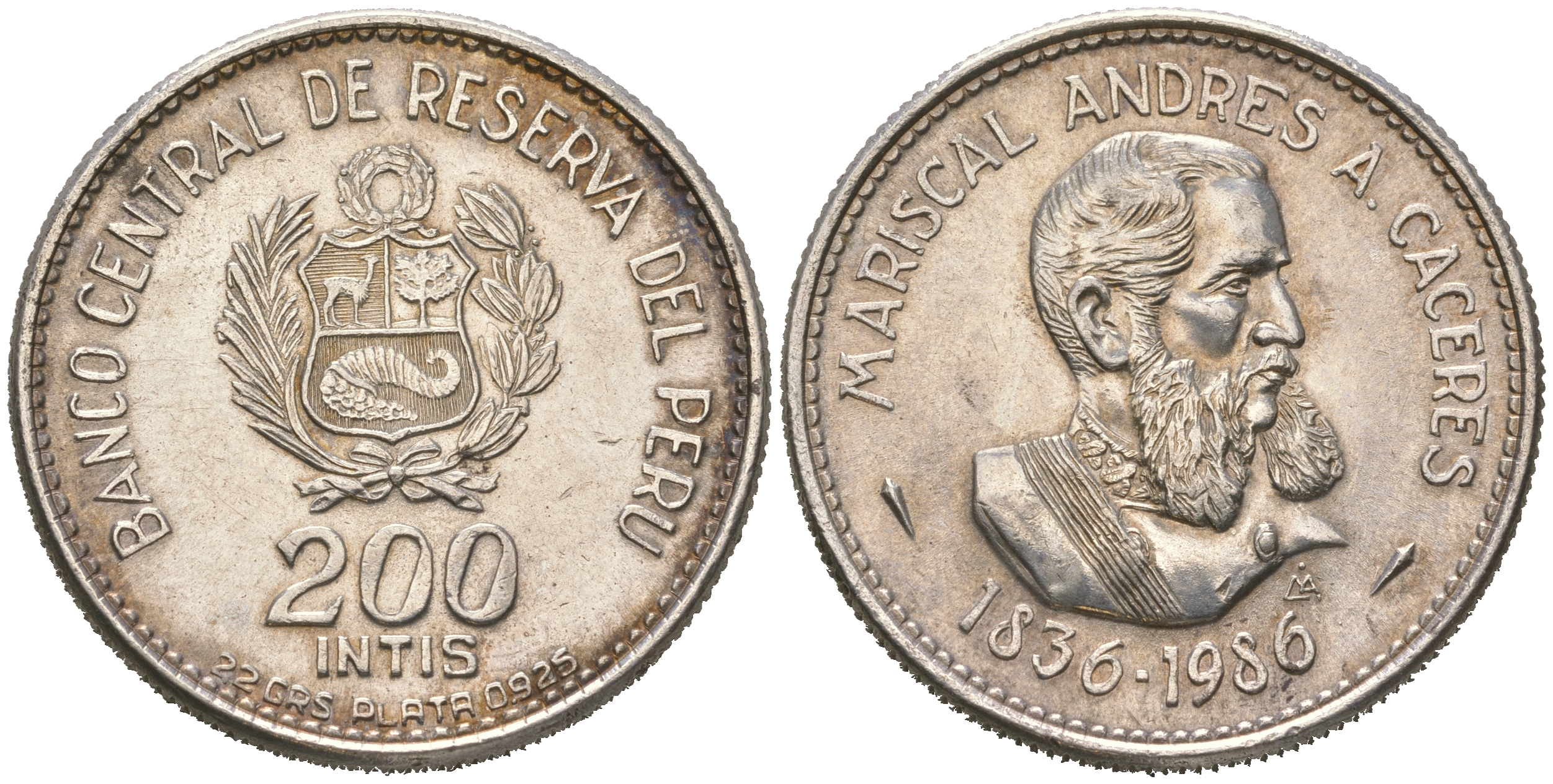 Перу 200 инти 1986 150 лет со дня рождения Андрес Авелино Касерес KM 299 серебро  UNC  413-4245