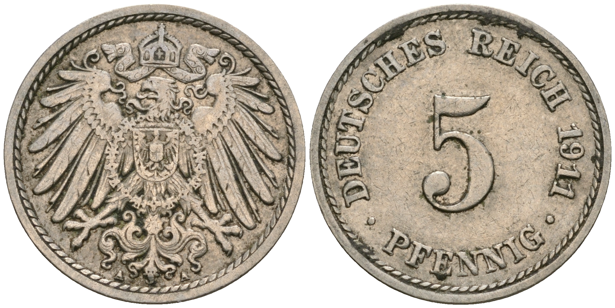 Германия 5 пфеннигов 1911 A KM 11, J. 12, Weege 6 медно-никель 08-1459