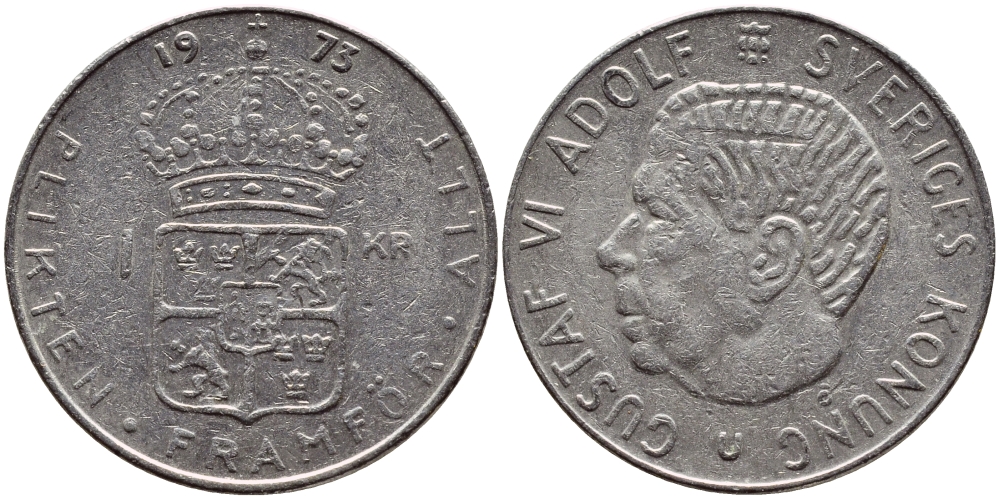 Швеция 1 крона 1973 Густав VI Адольф (1950-1973) KM 826а медь плакированная медно-никелем 4395-235
