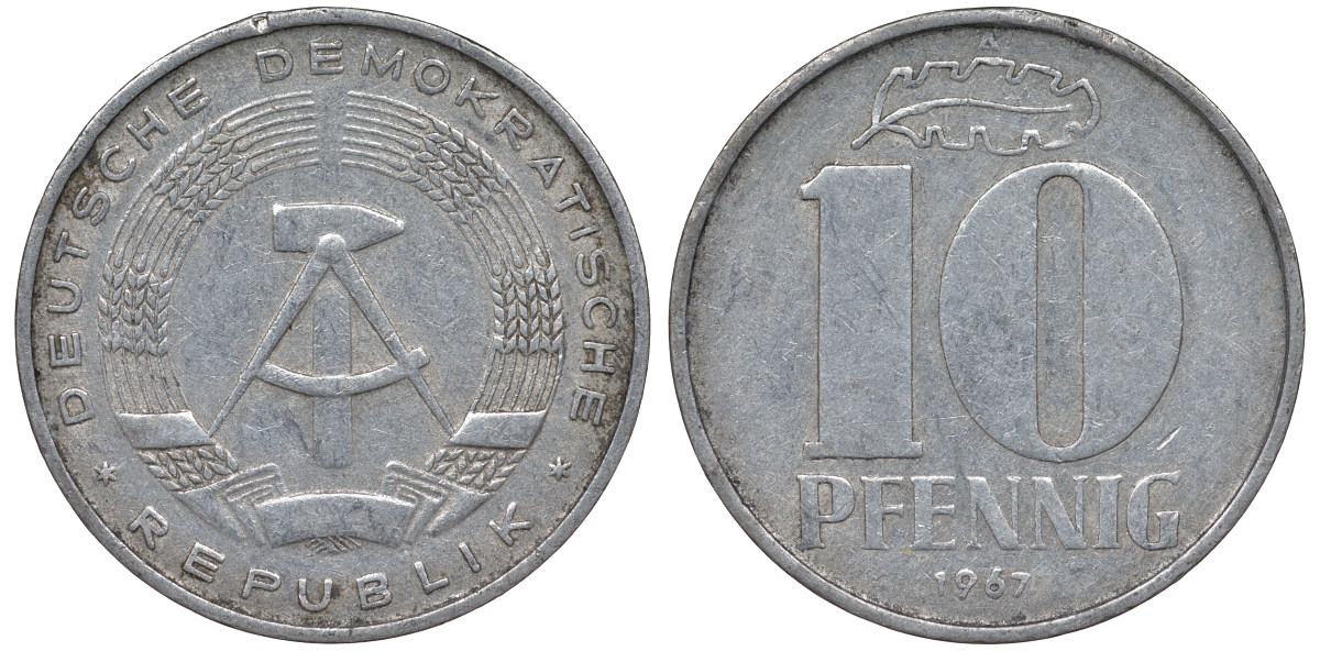 ГДР 10 ПФЕННИГОВ 1967 А алюминий 62-736