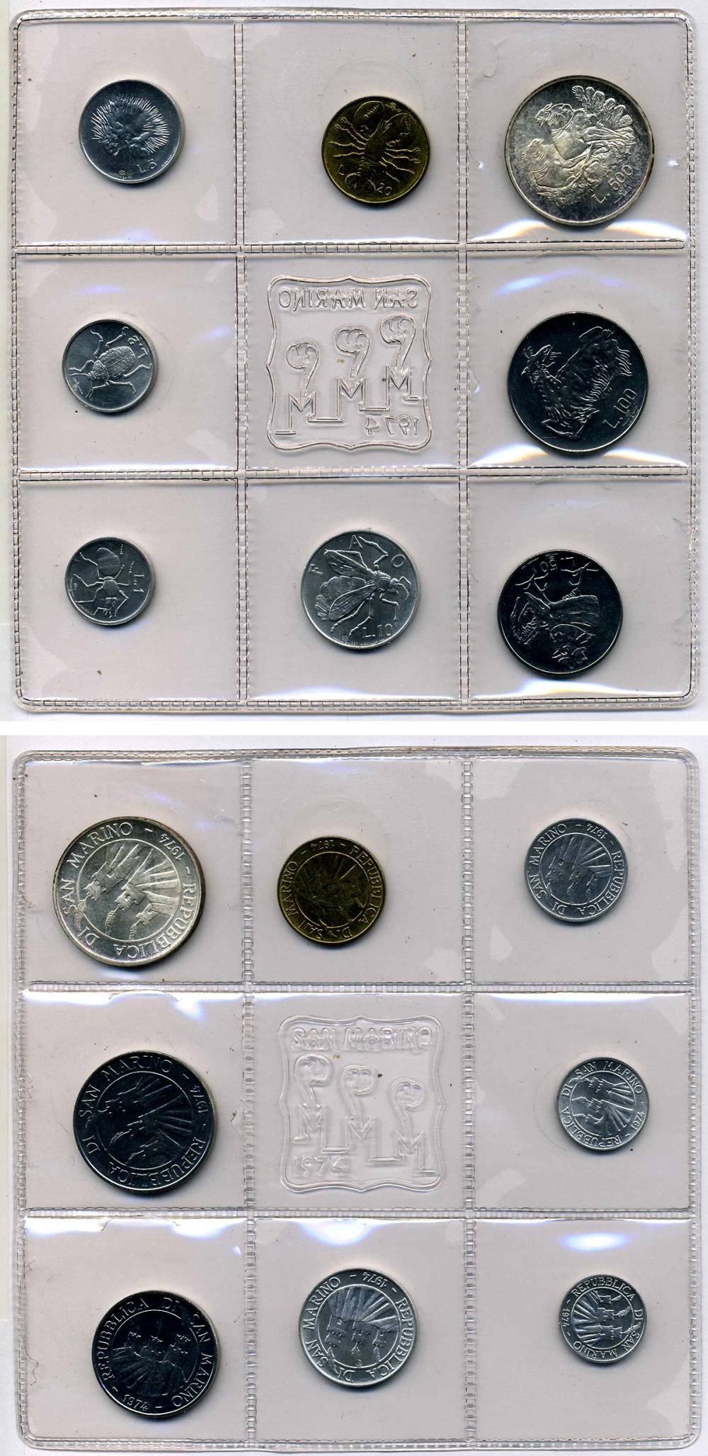 Сан-Марино годовой набор из 8 монет 1974 1, 2, 5, 10, 20, 50, 100 и 500 лир два стилизованных голубя KM 30-37, в оригинальной пластиковой запайке серебро KM MS3 серебро UNC 3-4-5-32