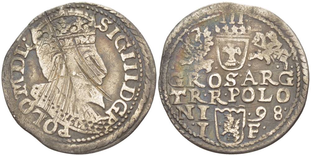 Польша 3 гроша (трояк) 1598 IF, Сигизмунд  III Ваза (1587-1632), вес 1,83 гр. KM 6, Gumowski 1085 серебро 1517-945