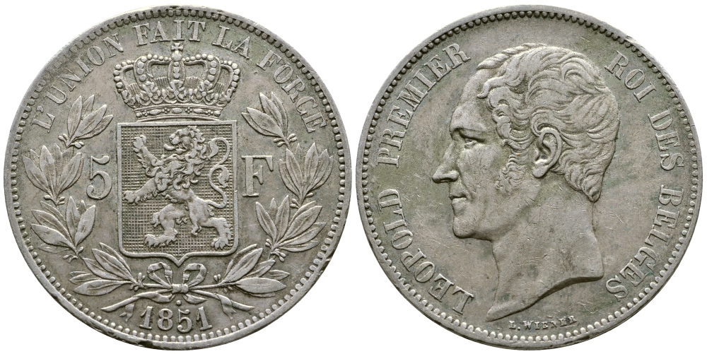 Бельгия 5 франков 1851 Леопольд I (1831-1865), точка над датой KM 17 серебро 633-441