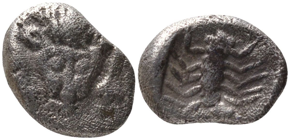 Древняя Греция, Кария, Миласа гемиобол 450 - 400 гг. до н.э. голова льва / скорпион, 0,49 гр SNG Kayhan 934-938 серебро 1073-9-96