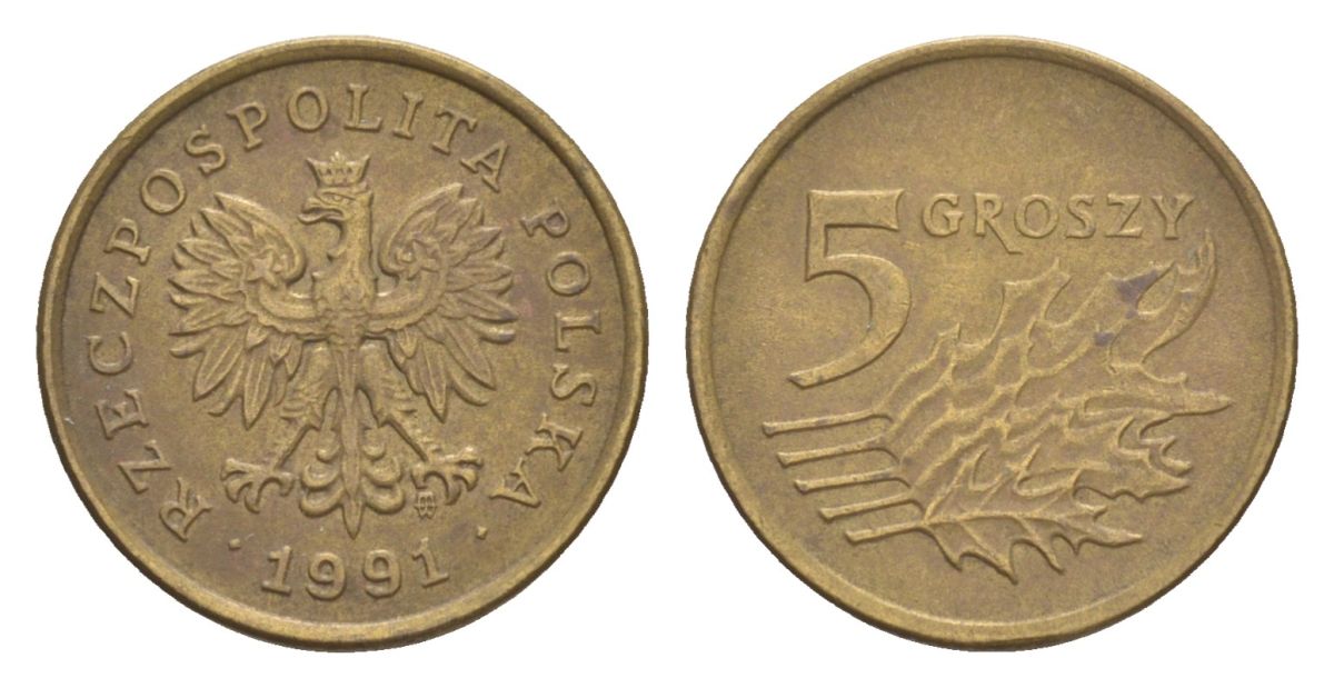 Польша 5 грошей 1991 Y 278 марганец латунь 4625-329