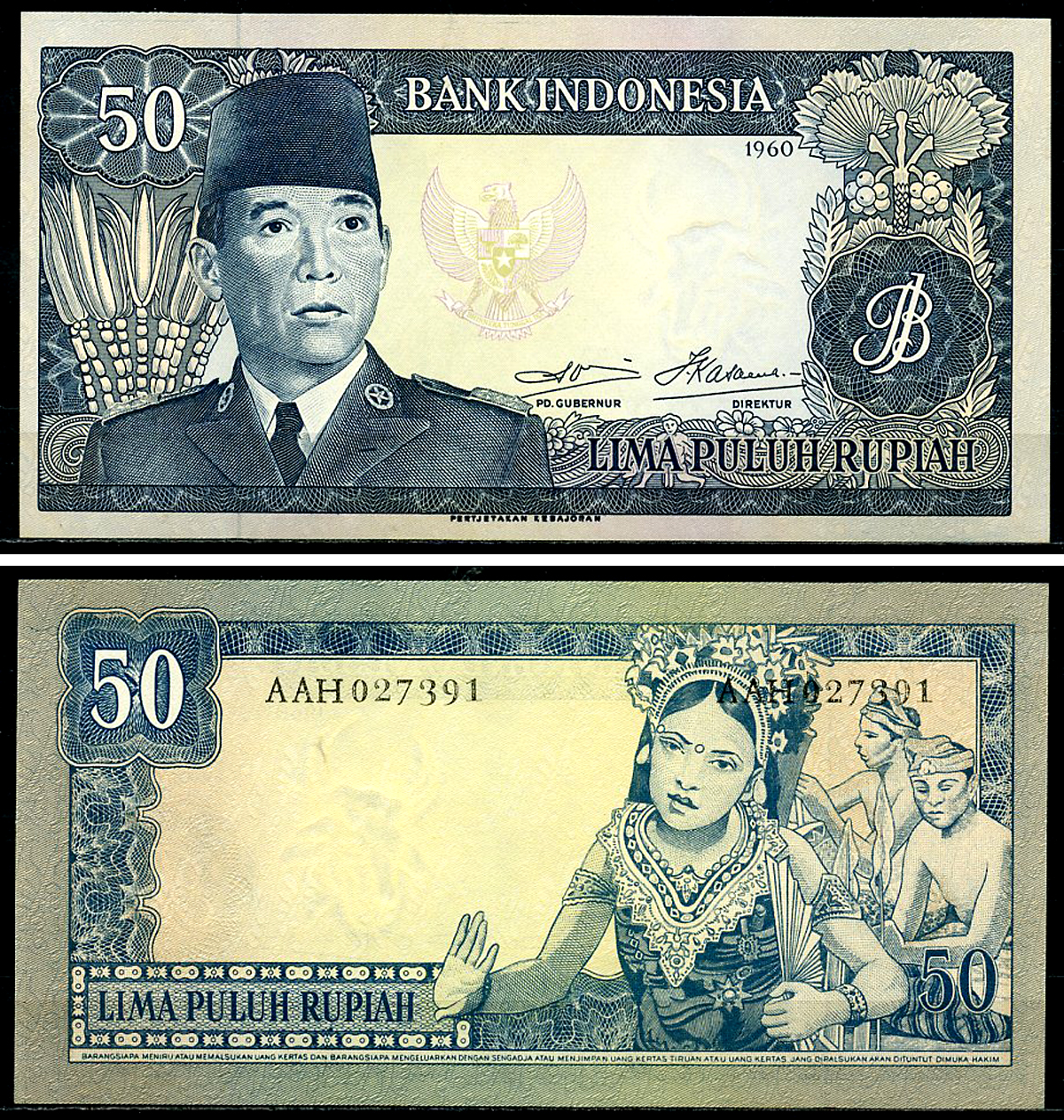 Индонезия 50 рупий 1960 Ахмед Сукарно, танцовщица, Pertjetakan Kebajoran Pick 85 b  бумага  UNC (пресс) 451-1039-2