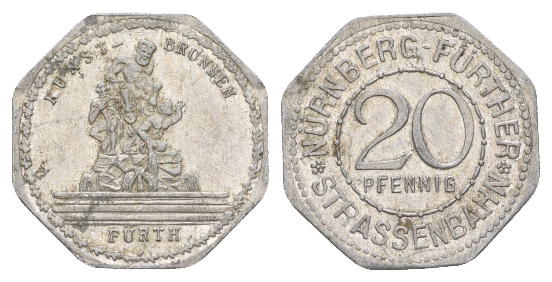 Нюрнберг трамвайный (транспортный) жетон в 20 пфеннигов ND (1920-1921) фонтан Men05 19256.20, Men18 24102.20 алюминий 4637-1146