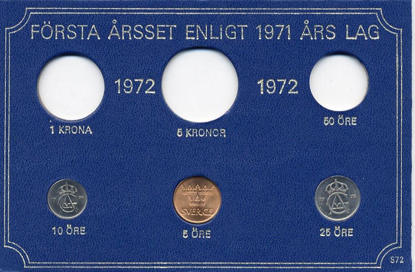 Швеция 5, 10, 25 эре 1972 Густав VI Адольф (1950-1973) в картоне набора монетного двора UNC 7-5-7-268