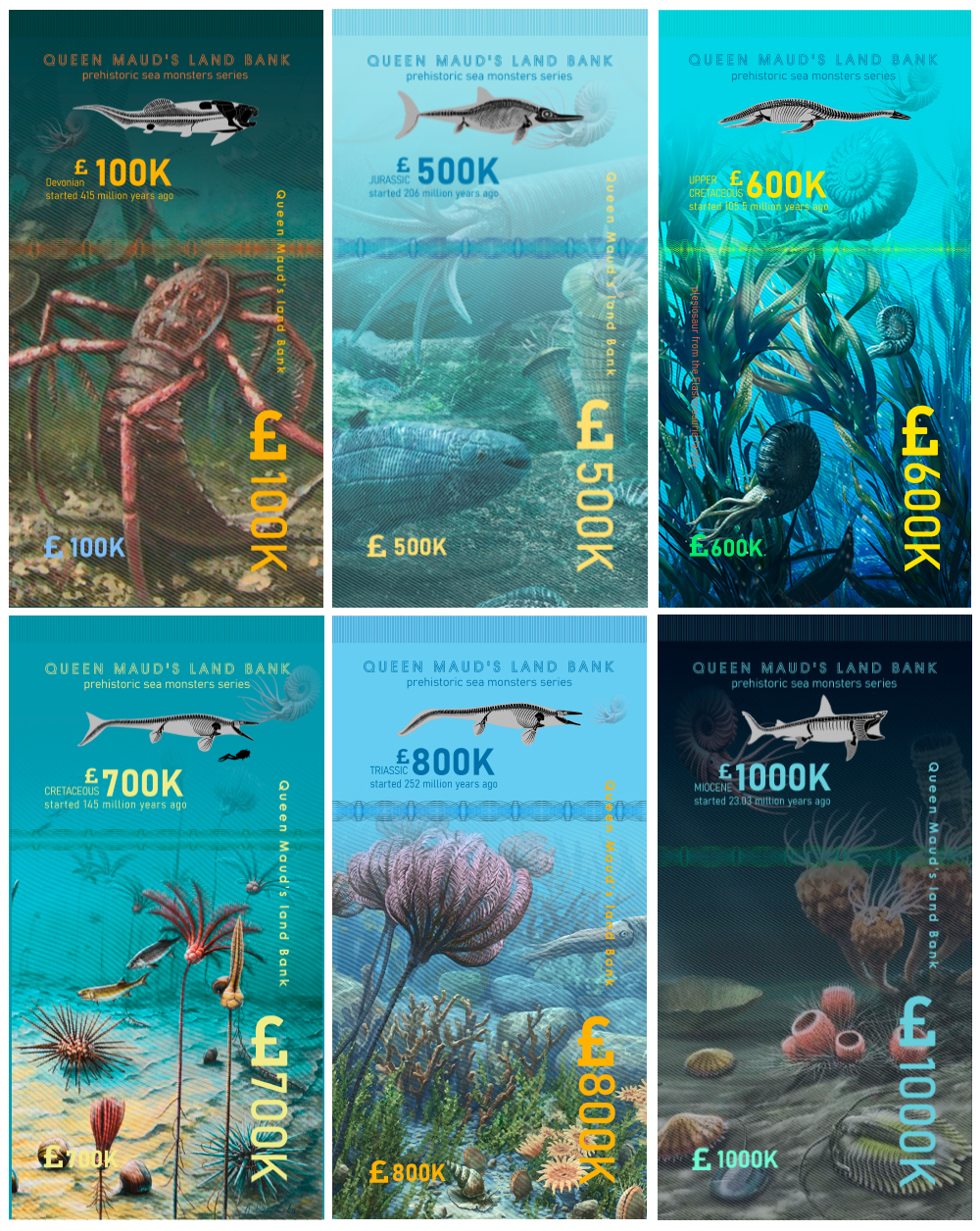 Земля Королевы Мод набор из 6 банкнот ND доисторические морские ящеры (динозавры)   полимерная бумага  UNC (пресс) 448-59-1