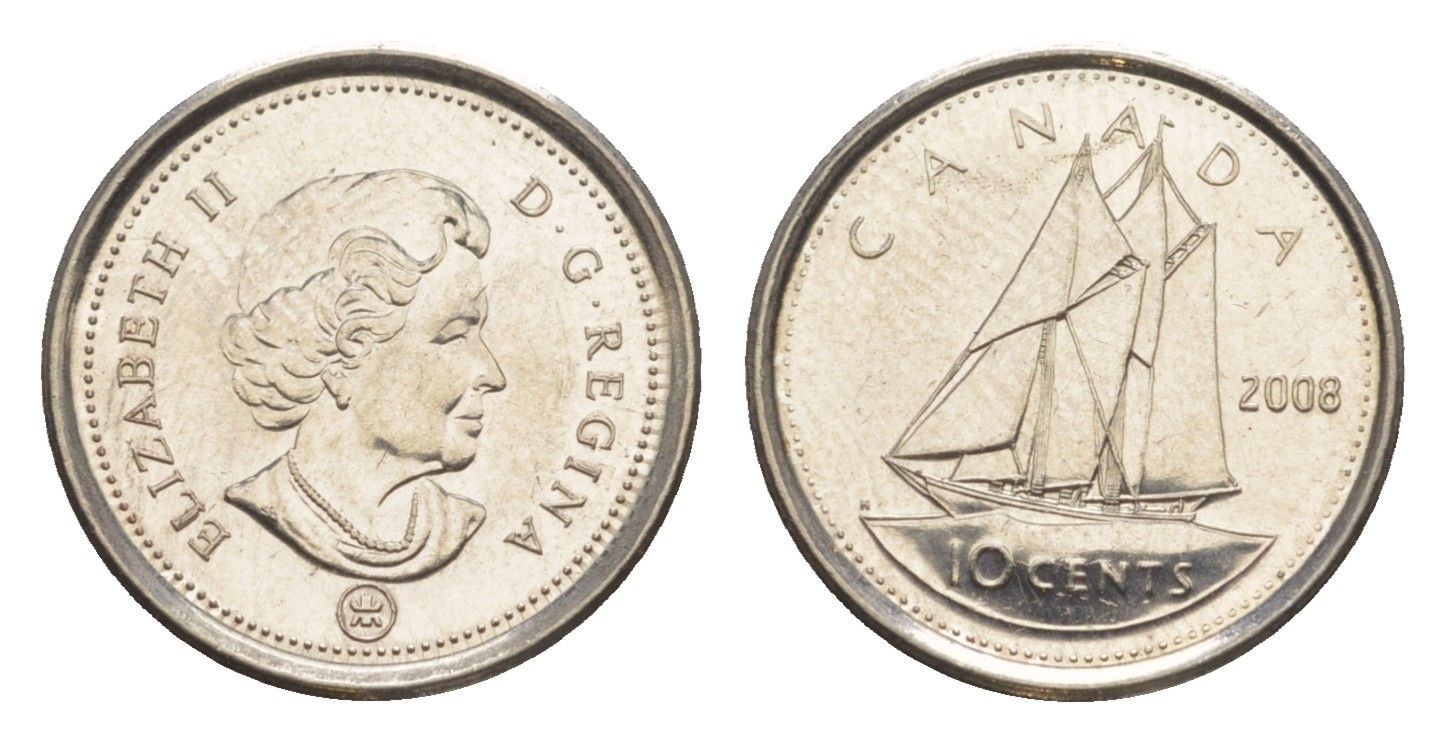 Канада 10 центов 2008 Leaf, Елизавета II (1952-2022), парусник KM 492 сталь плакированная никелем UNC 4636-648