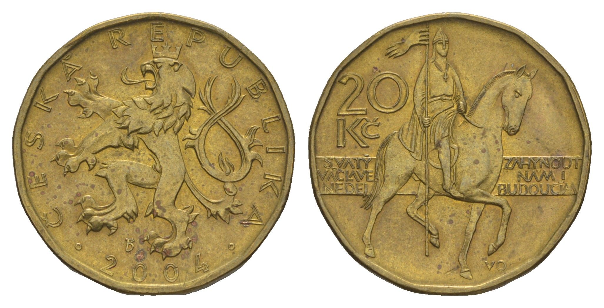 Чехия 20 крон 2004 чешский лев, герцог Вацлав на коне KM 5 сталь плакированная латунью aUNC 4546-1132