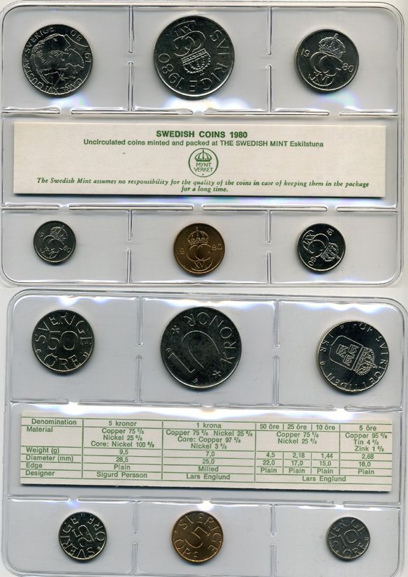 Швеция набор из 6 монет 1980 официальный набор монетного двора в пластике, Карл XVI Густав (1973- ) KM MS14 UNC 2-4-1-05