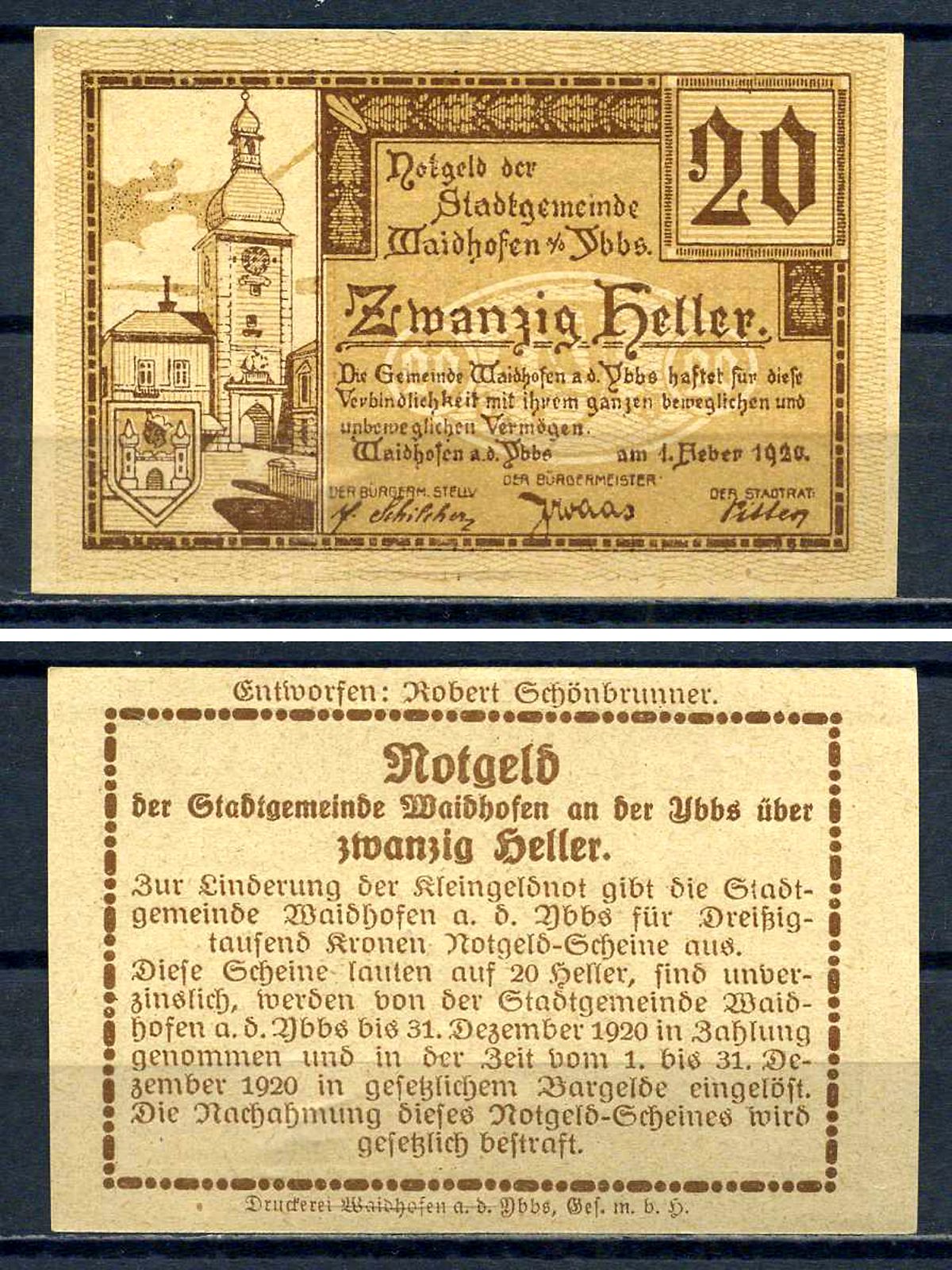 Вайдхофен-на-Ибсе (Австрия) 20 геллеров 1920 Jaksc/Pick?JPR1127a-20 бумага aUNC 7556-38-3-1