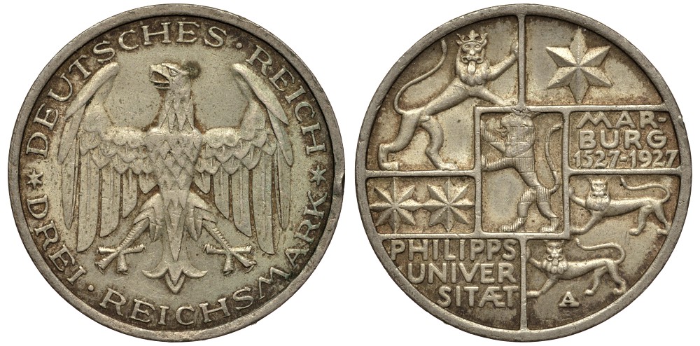 Германия 3 марки 1927 A, 400 лет Университету Марбурга J. 330, KM 53 серебро 413-3323