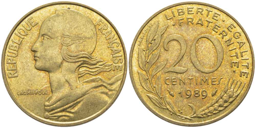 ФРАНЦИЯ 20 САНТИМОВ 1989 ТИП MARIANNE KM 930, LE FRANC 156.29 медь алюминий никель 175-911