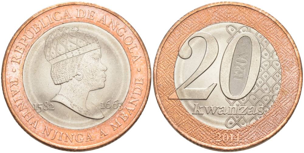 Ангола 20 кванза 2014 Королева Зинга Мбанди Нгола (1582-1663) KM 111 биметалл aUNC 69-115