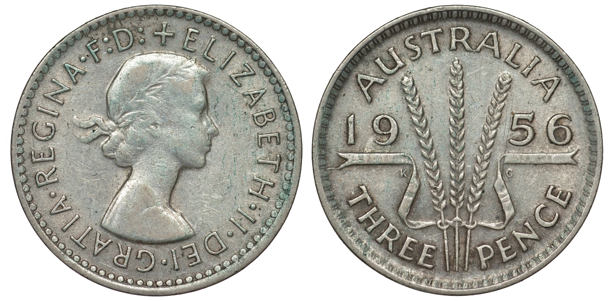 Австралия 3 пенса 1956 m, Елизавета II (1953-) KM 57 серебро 71-449