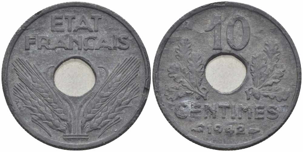 ФРАНЦИЯ 10 САНТИМОВ 1942 ДИАМЕТР 21,3 ММ., ПРАВИТЕЛЬСТВО ВИШИ KM 898.2, LE FRANC 141.3 цинк 4401-656