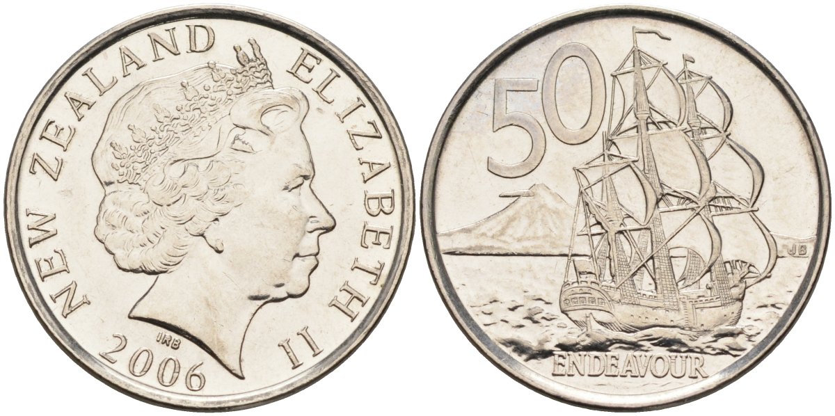 Новая Зеландия 50 центов 2006 Елизавета II (1952-2022), парусник Индевор KM 119 a никель плакированный сталью UNC 4126-1252
