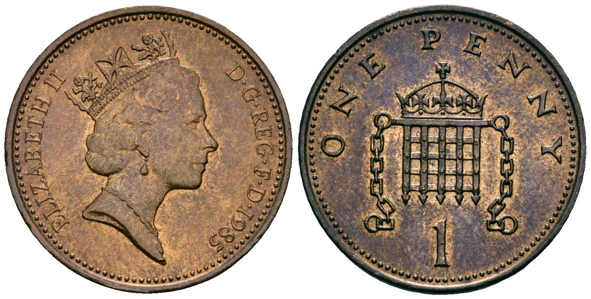 Великобритания 1 пенни 1985 Елизавета II (1952-2022) KM 935, Spink 4381 (B3) бронза 4589-937